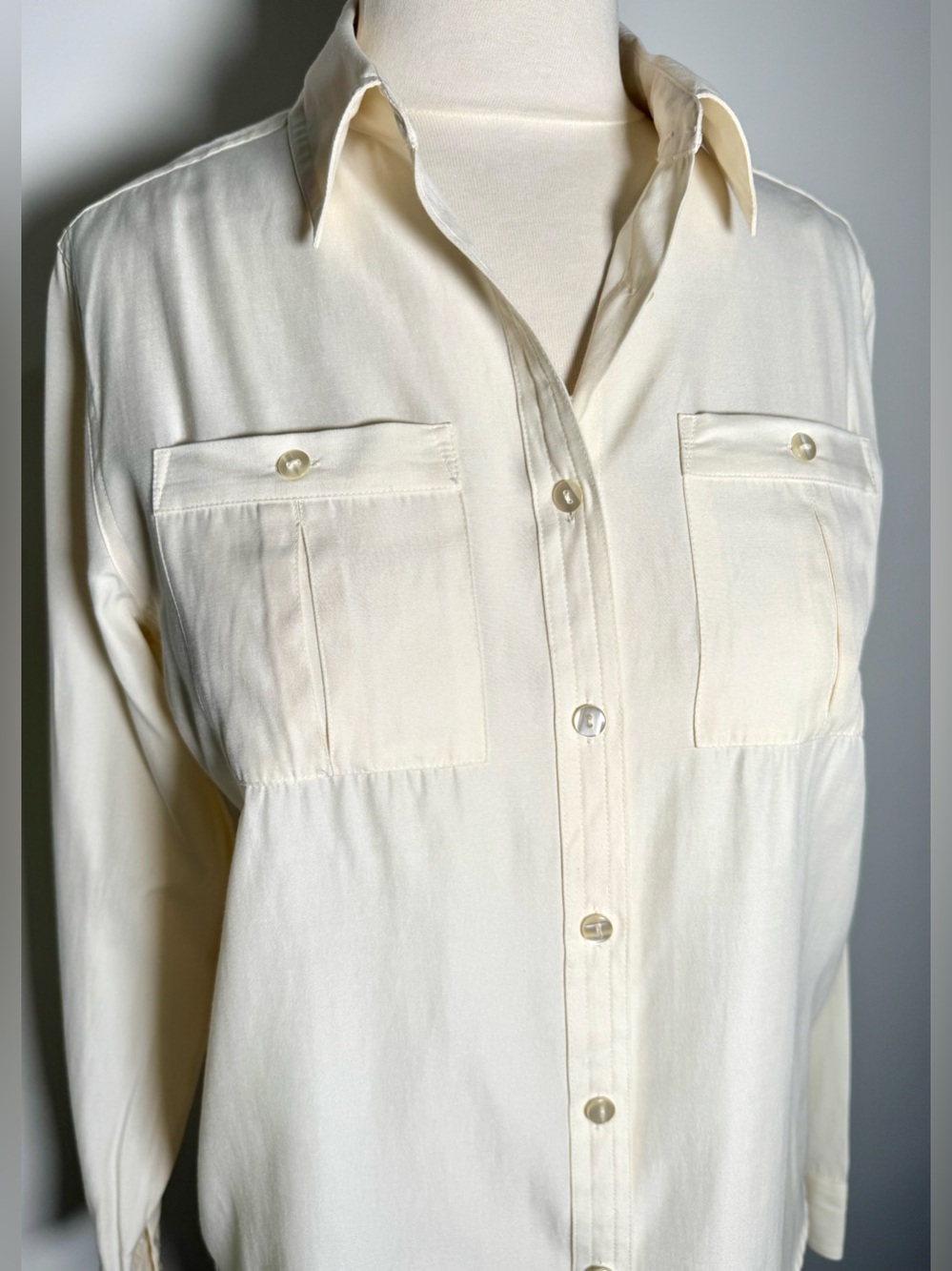 Investments Cream Silky Button Down Blouse S Rayon Blend Classy Top Long Sleeves